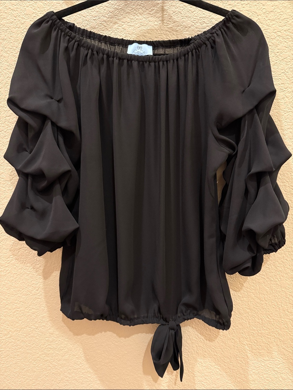 CeCe Black Semi-Sheer 3/4 Puff Sleeve Blouse, Medium, elastic neckline & waist